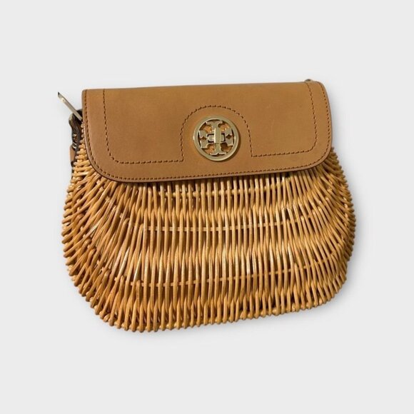 Tory Burch Basket Bag Satchel Handbag Bamboo Leather Tan Gold Logo 4FM90 - Picture 3 of 13